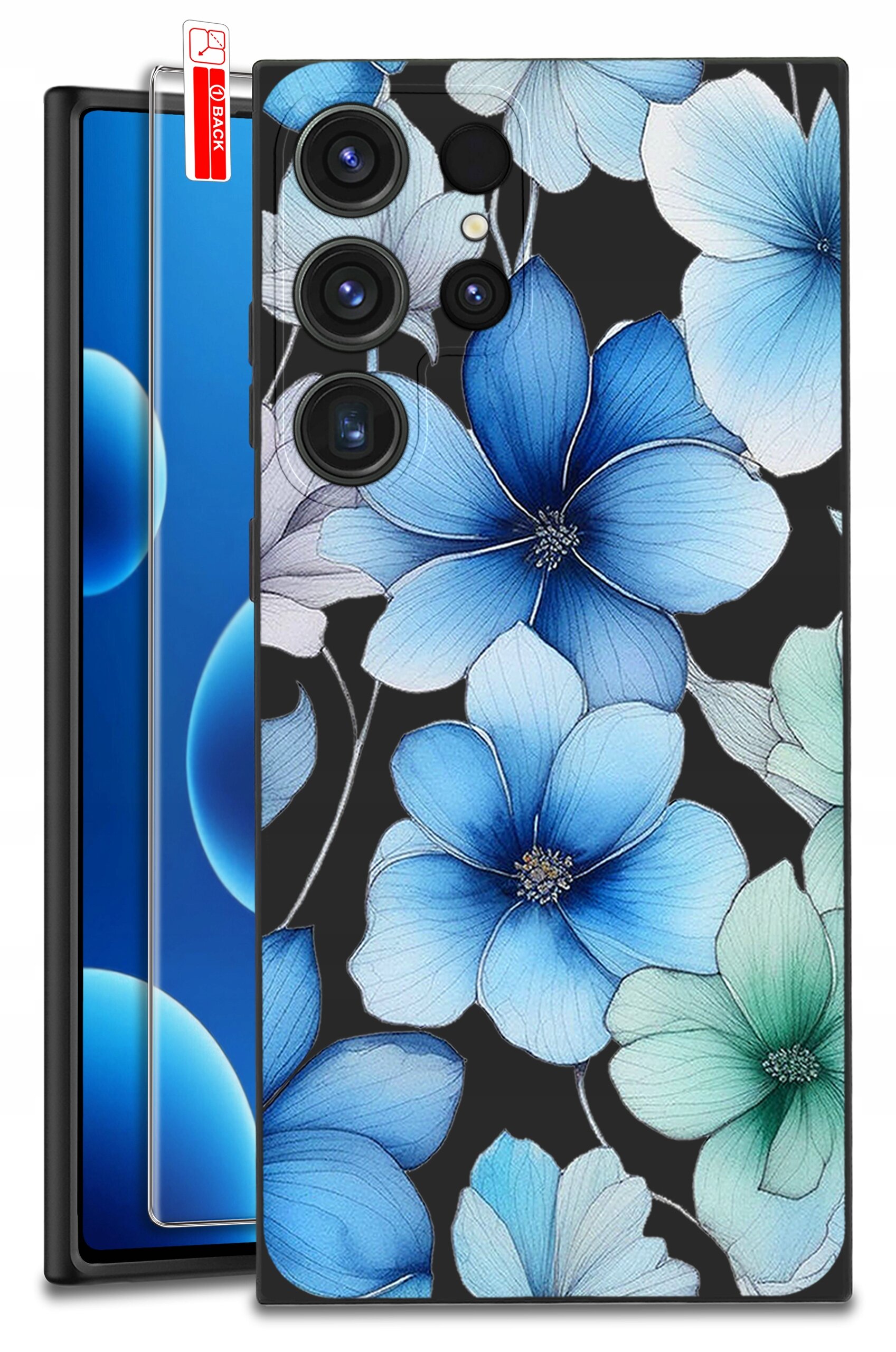 Etui na telefon z wzorem niebieskich i zielonych kwiatów na czarnym tle. Obok widoczne jest szkło ochronne z napisem \'BACK\'.