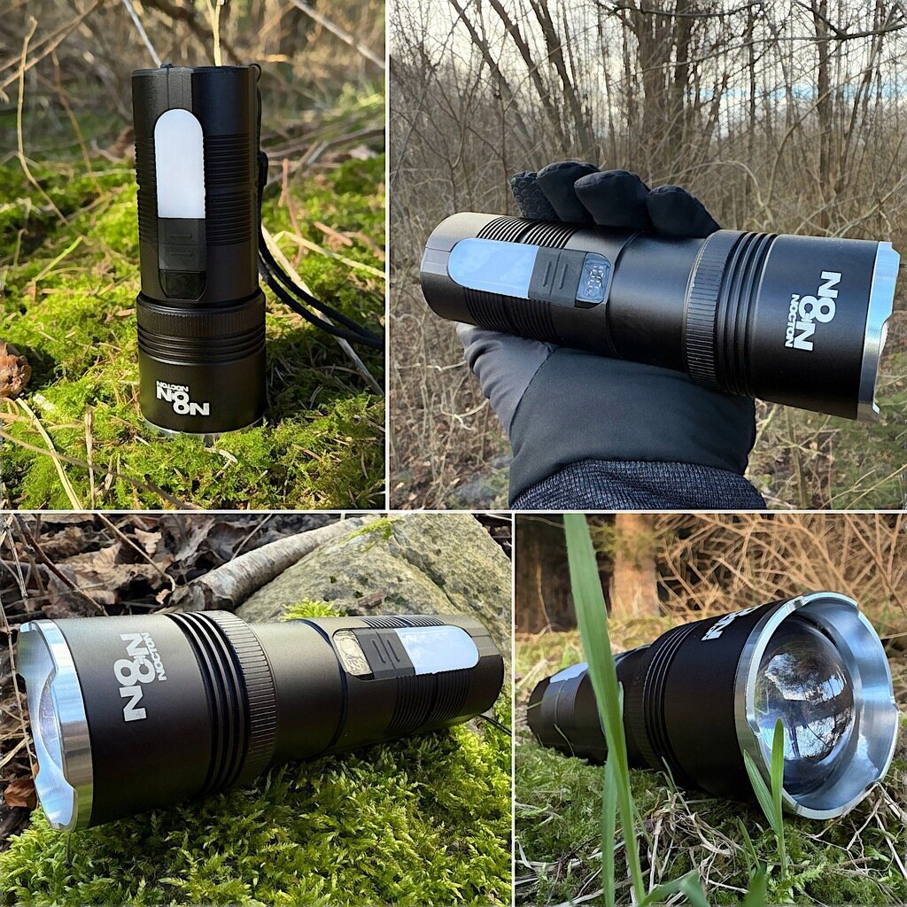 Na zdjęciu widać czarną latarkę LED z logo \'NOON\' na obudowie, umieszczoną w różnych pozycjach na tle naturalnego otoczenia. Latarka ma srebrne wykończenie wokół soczewki i jest trzymana w rękawiczce na jednym z ujęć.