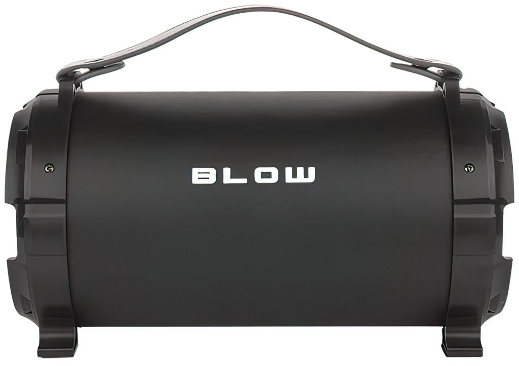 Czarny, cylindryczny głośnik z uchwytem, z widocznym białym napisem \'BLOW\' na obudowie.