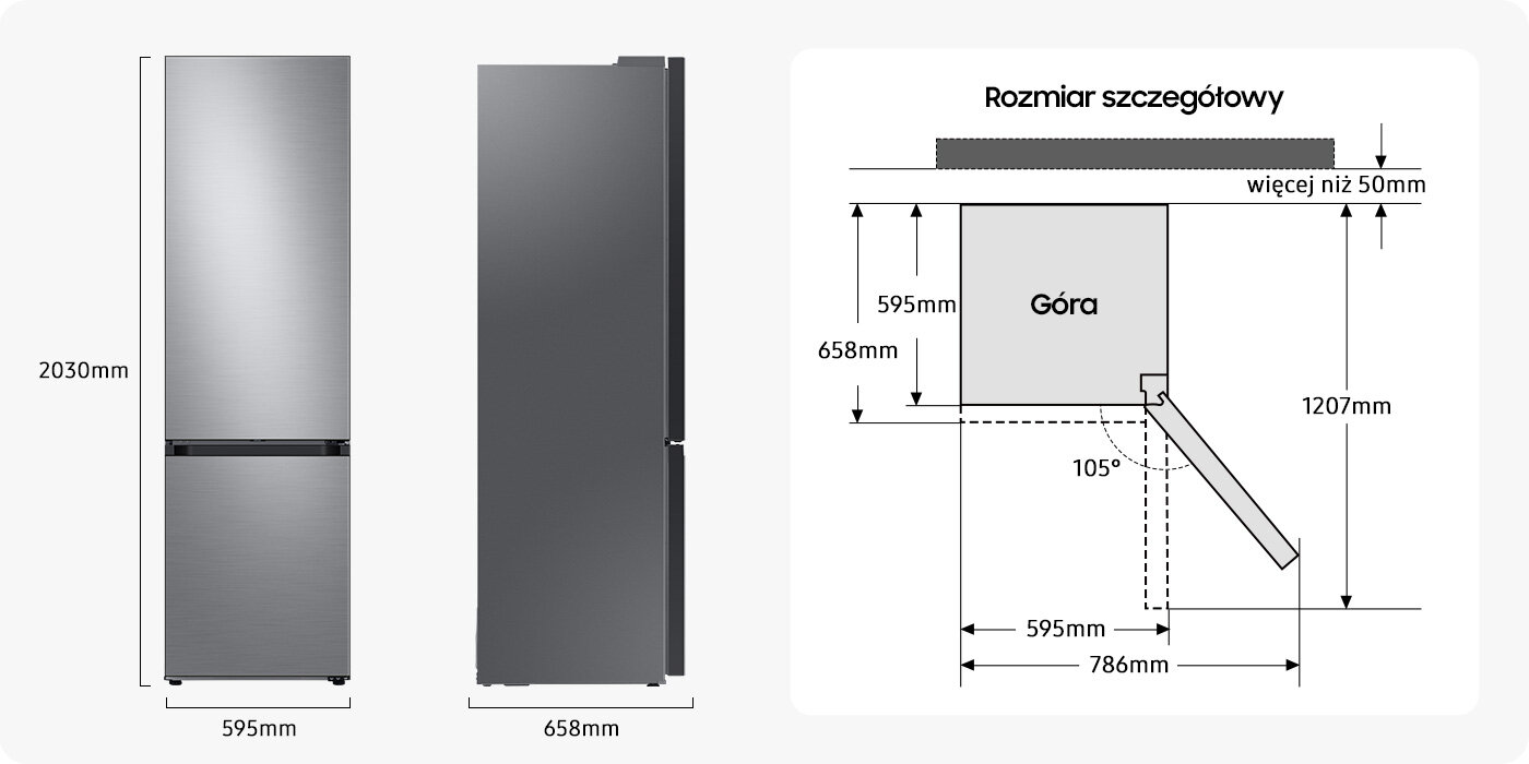 Szczegółowe rozmiary lodówki Samsung RB38C7B5DS9 z dolnym zamrażalnikiem, która została pokazana od góry, z frontu i z boku Obraz przedstawia lodówkę w kolorze szczotkowanej stali nierdzewnej z wymiarami 2030mm wysokości, 595mm szerokości i 658mm głębokości. Po prawej stronie znajduje się schemat z wymiarami szczegółowymi, w tym kąt otwarcia drzwi 105 stopni oraz tekst \'Rozmiar szczegółowy\' i \'Góra\'.