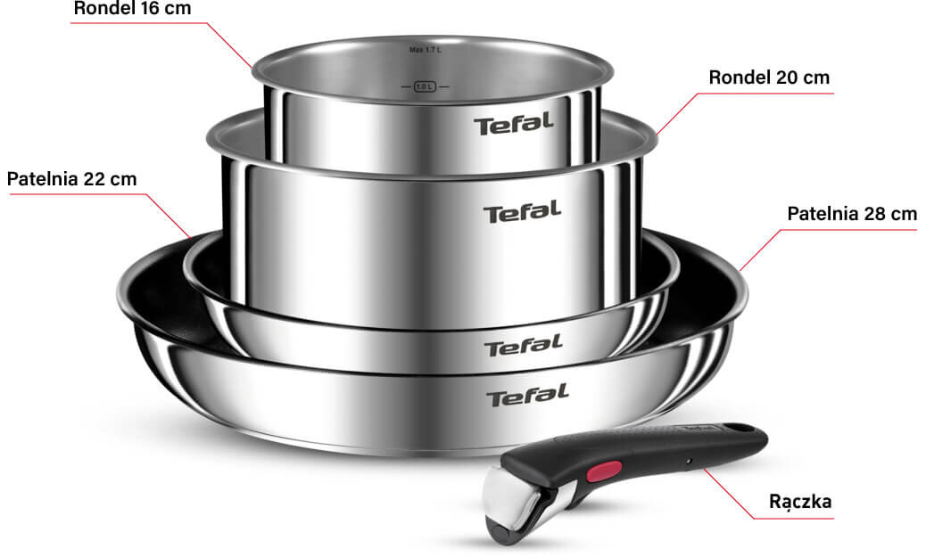 Na obrazie widoczny jest zestaw garnków i patelni ze stali nierdzewnej z logo Tefal, w skład którego wchodzą rondle o średnicach 16 cm i 20 cm oraz patelnie o średnicach 22 cm i 28 cm. Obok znajduje się odłączana rączka.