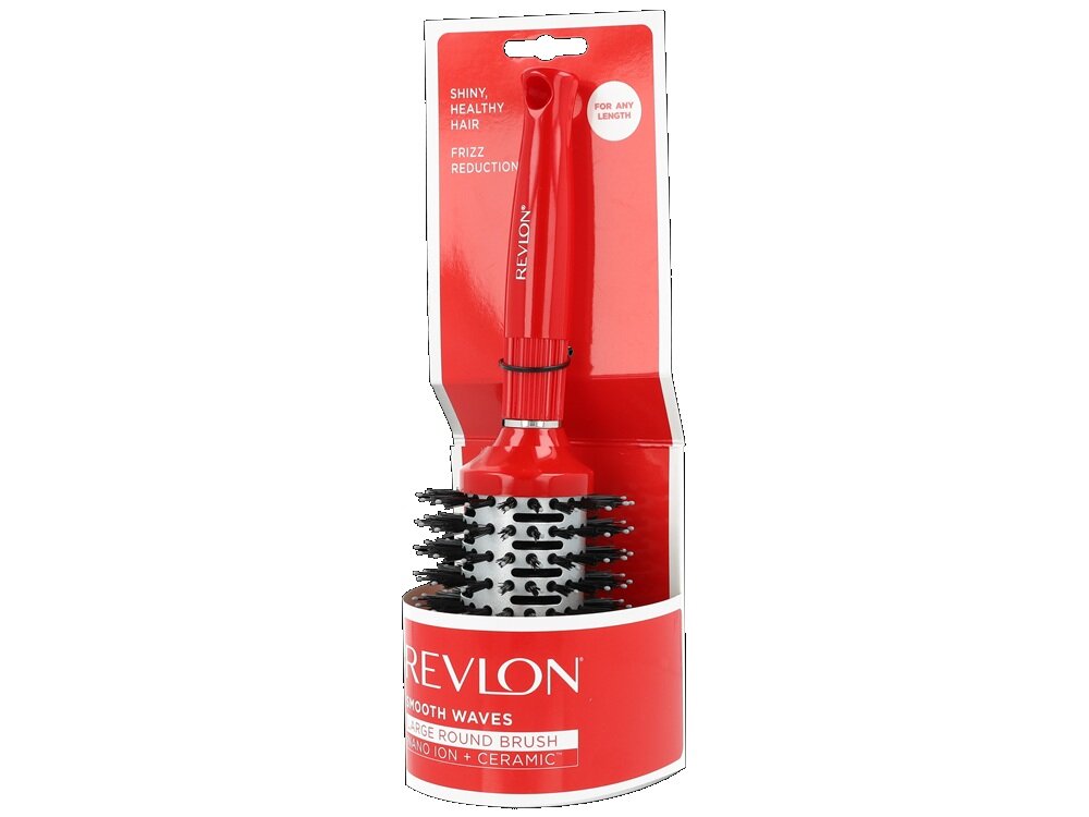 Czerwona szczotka do włosów w opakowaniu z napisem \'REVLON\' oraz informacjami \'SHINY, HEALTHY HAIR\', \'FRIZZ REDUCTION\', \'FOR ANY LENGTH\'.