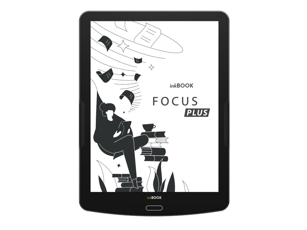Czytnik e-booków z wyświetlaczem pokazującym grafikę osoby siedzącej na stosie książek z filiżanką, wokół unoszą się książki. Na ekranie widoczny jest tekst: \'inkBOOK FOCUS PLUS\'.