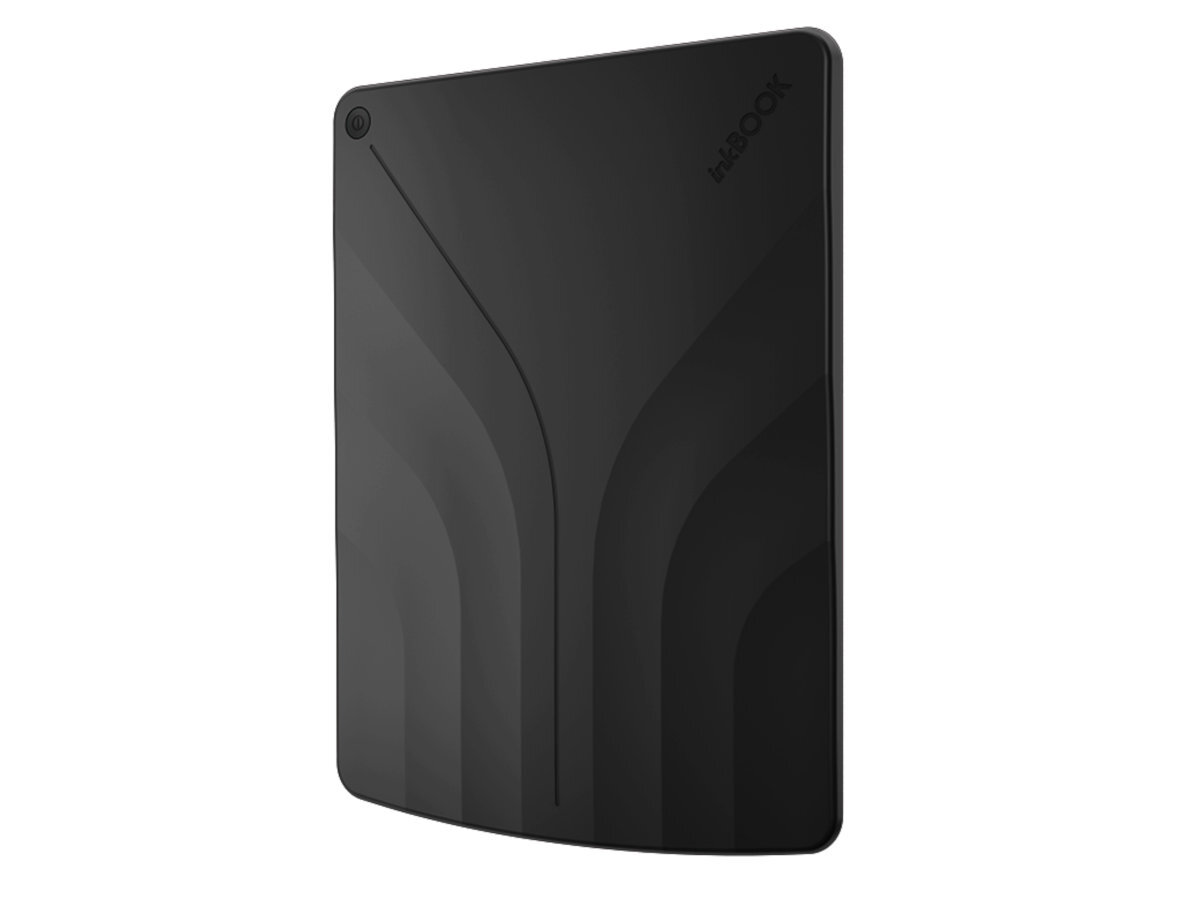 Czarny czytnik e-booków z widocznym logo \'inkBOOK\' w górnym rogu. Obudowa ma delikatne, zakrzywione linie dekoracyjne.