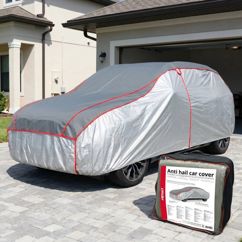 Samochód zaparkowany na podjeździe jest pokryty srebrnym pokrowcem z czerwonymi szwami. Obok znajduje się opakowanie z napisem \'Anti hail car cover\'.