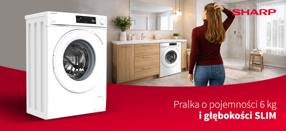 Obraz przedstawia pralkę w białym kolorze z widocznym bębnem, umieszczoną na tle nowoczesnej łazienki. Na czerwonym tle widnieje napis: \'Pralka o pojemności 6 kg i głębokości SLIM\', a w prawym górnym rogu znajduje się logo SHARP.