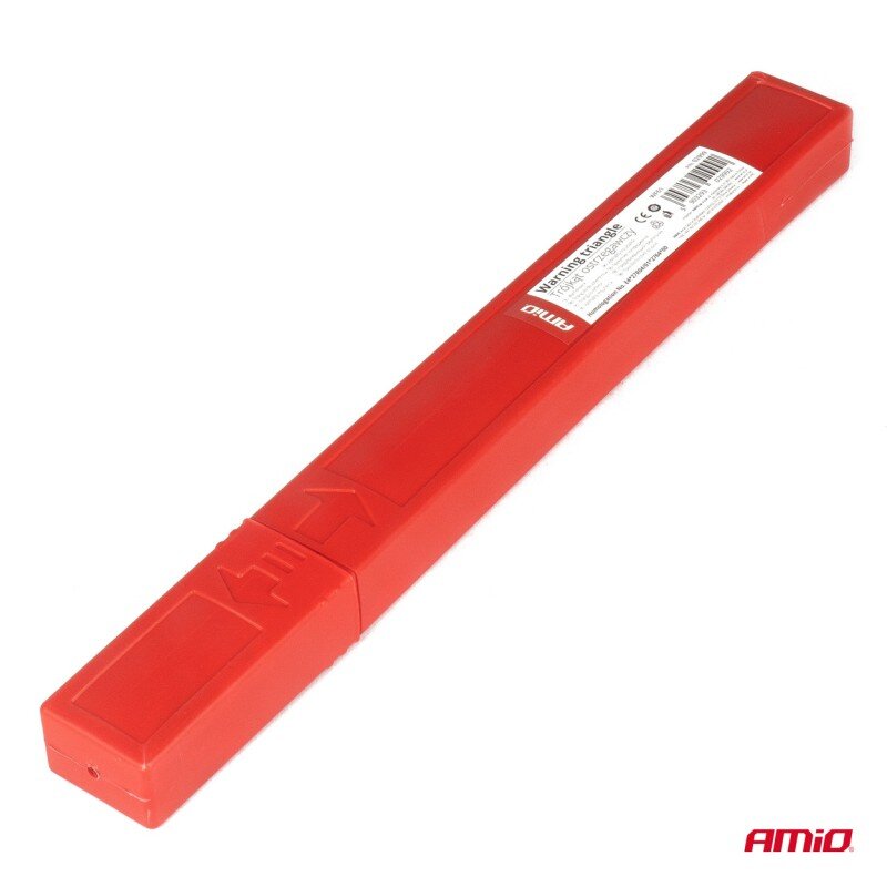Czerwone etui z logo AMiO, zawierające trójkąt ostrzegawczy, z widoczną etykietą z kodem kreskowym i informacjami o produkcie.