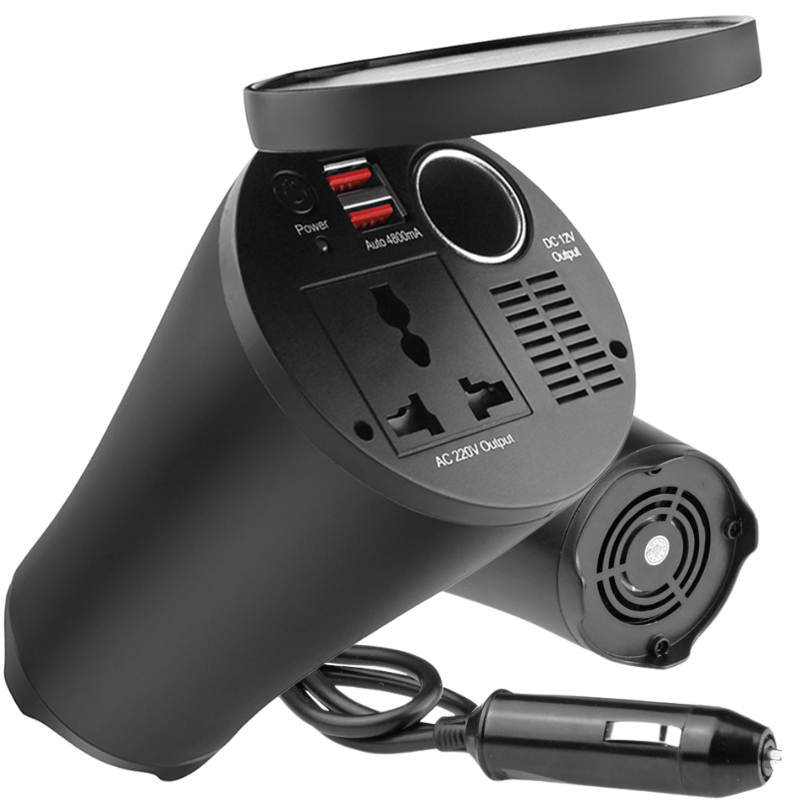 Czarna przetwornica samochodowa z gniazdem AC 220V, dwoma portami USB oznaczonymi jako Auto 4800mA oraz gniazdem DC 12V Output. Widoczny jest również włącznik z napisem Power i wentylator z tyłu urządzenia.