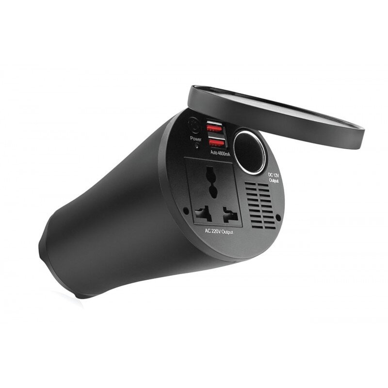 Czarna przetwornica samochodowa z dwoma gniazdami USB, gniazdem zasilania AC 220V oraz gniazdem DC 12V. Na urządzeniu widoczny jest napis \'Auto 4800mA\' oraz \'AC 220V Output\'.