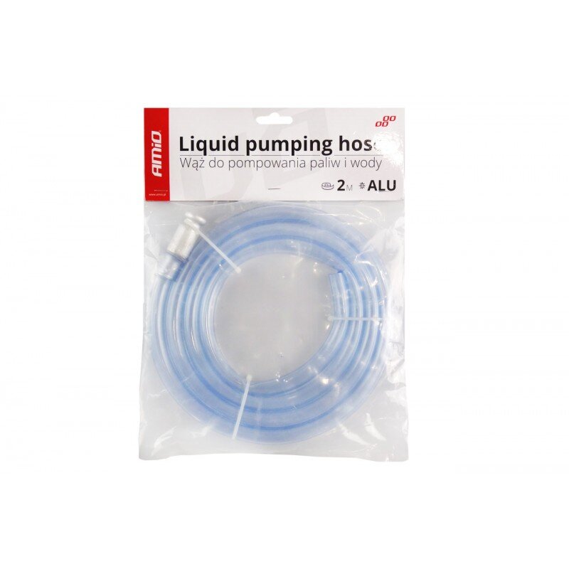 Opakowanie zawiera niebieski wąż samozasysający do pompowania paliw i wody. Na opakowaniu widnieje tekst: \'AMiO Liquid pumping hose Wąż do pompowania paliw i wody 2m ALU\'.