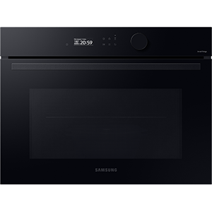Piekarnik kompaktowy Samsung NQ5B5763DBK o pojemności 50 litrów Czarny piekarnik z wyświetlaczem pokazującym godzinę 20:59 i pokrętłem. Na froncie widoczne jest logo \'SAMSUNG\'.