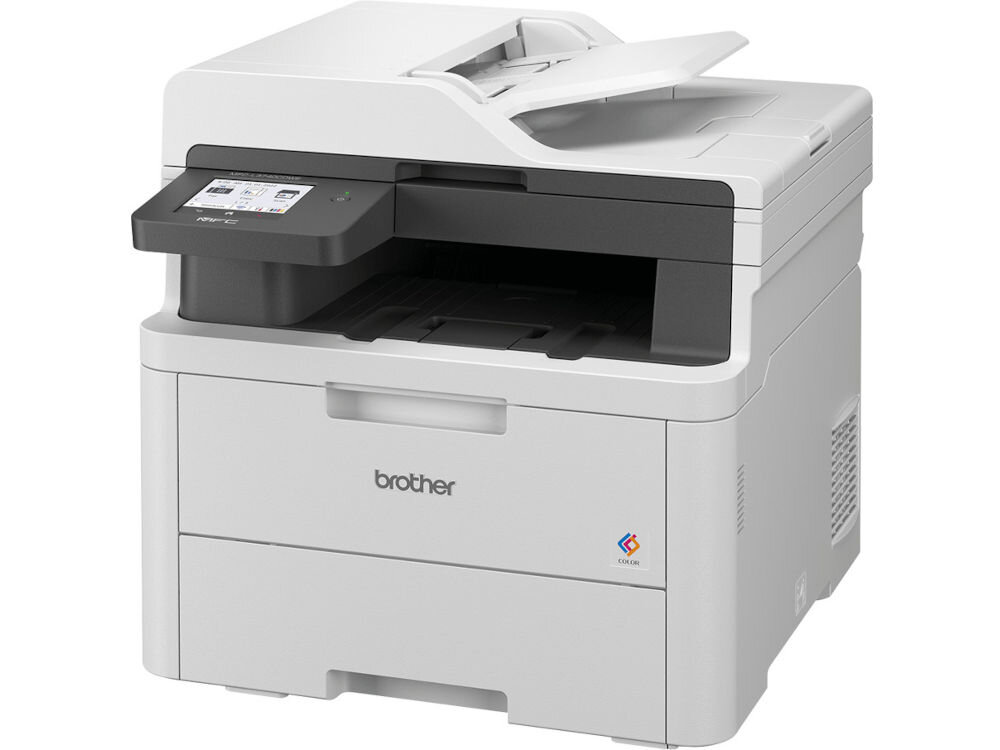 Urządzenie wielofunkcyjne w kolorze białym z wyświetlaczem dotykowym i logo \'brother\' na przednim panelu. Widoczny jest także kolorowy symbol oraz podajnik papieru na górze.