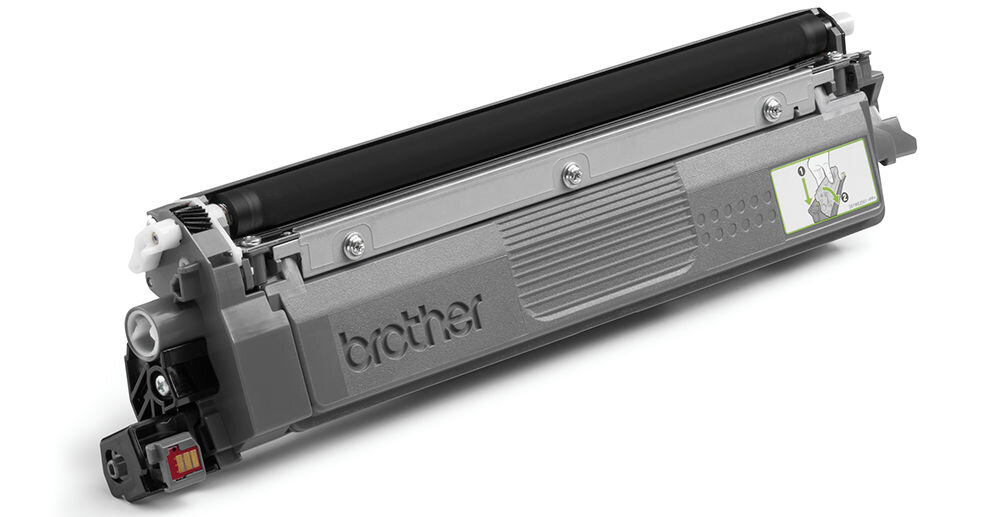 Na obrazie widoczny jest szary toner z logo \'brother\' oraz małą ilustracją instruktażową na boku.