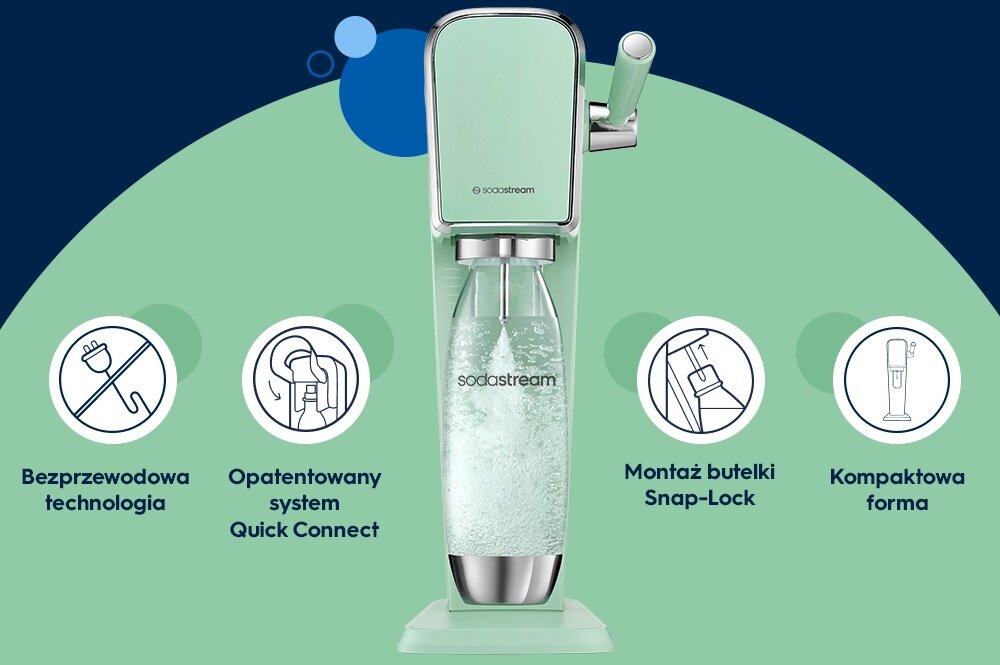 Saturator SODASTREAM w kolorze miętowym z przezroczystą butelką wypełnioną wodą gazowaną. Obok znajdują się ikony z napisami: \'Bezprzewodowa technologia\', \'Opatentowany system Quick Connect\', \'Montaż butelki Snap-Lock\', \'Kompaktowa forma\'.