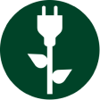 Ikona przedstawia biały symbol wtyczki z liśćmi na ciemnozielonym tle.
