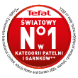 Czerwone logo z białym napisem: \'Tefal Światowy Nr 1 w kategorii patelni i garnków\'.