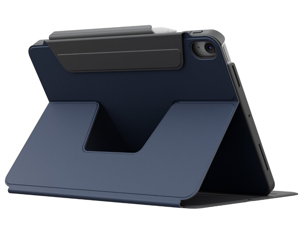 Granatowe etui do tabletu ustawione w pozycji stojącej, z widocznym miejscem na aparat i zagięciem umożliwiającym podparcie.