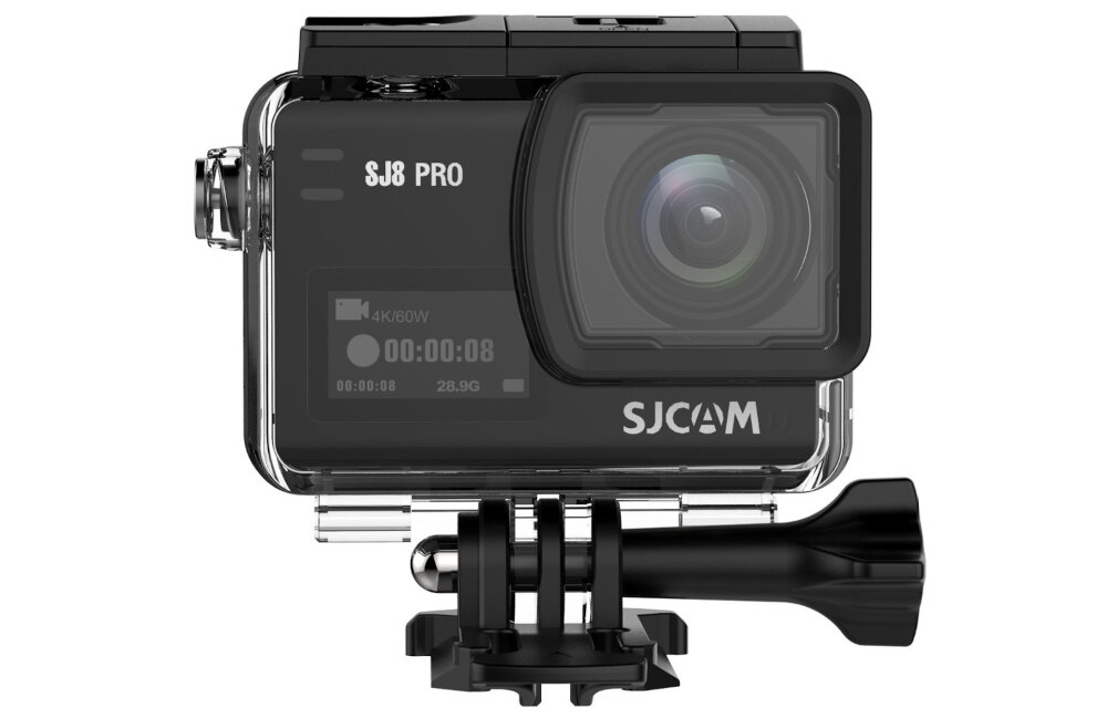 Czarna kamera sportowa z napisem \'SJ8 PRO\' i logo \'SJCAM\' na obudowie. Kamera posiada wyświetlacz z informacjami: \'4K@60W\', \'00:00:08\', \'28.9G\'.