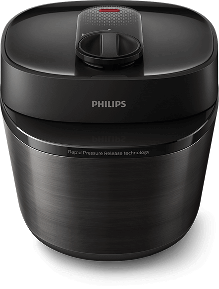 Czarny multicooker z logo PHILIPS na górze i napisem \'Rapid Pressure Release technology\' na przedniej części. Urządzenie ma okrągły kształt z pokrywą wyposażoną w pokrętło i czerwony wskaźnik.