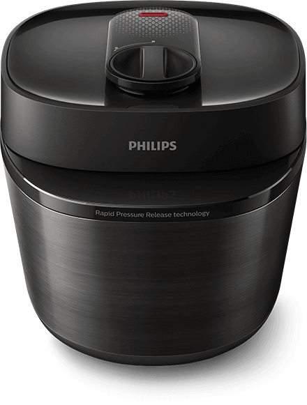 Na obrazie widoczny jest multicooker w kolorze czarnym z logo PHILIPS na przedniej części. Na urządzeniu znajduje się napis \'Rapid Pressure Release technology\'.