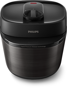 Na obrazie widoczny jest multicooker marki PHILIPS z ciemnym, metalicznym wykończeniem i czarną pokrywą. Na pokrywie znajduje się pokrętło oraz napis \'Rapid Pressure Release technology\'.