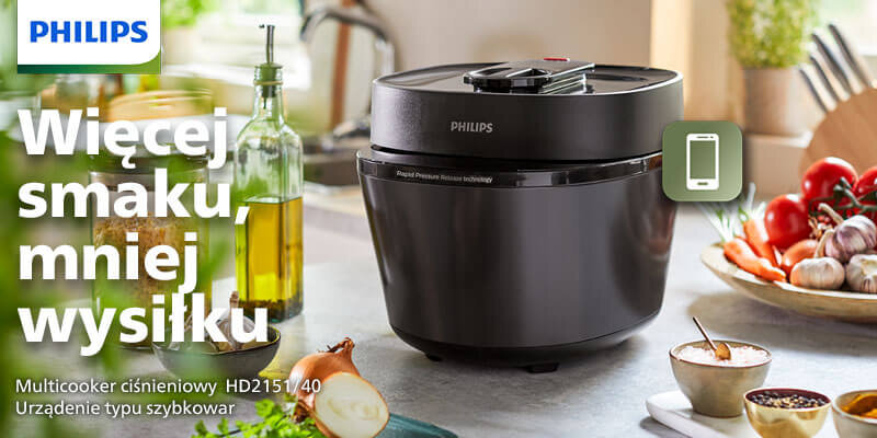 Na obrazie znajduje się multicooker marki PHILIPS z napisem \'Rapid Pressure Release technology\'. Obok urządzenia widoczne są składniki kuchenne, a na obrazie znajduje się tekst: \'Więcej smaku, mniej wysiłku. Multicooker ciśnieniowy HD2151/40 Urządzenie typu szybkowar\'.