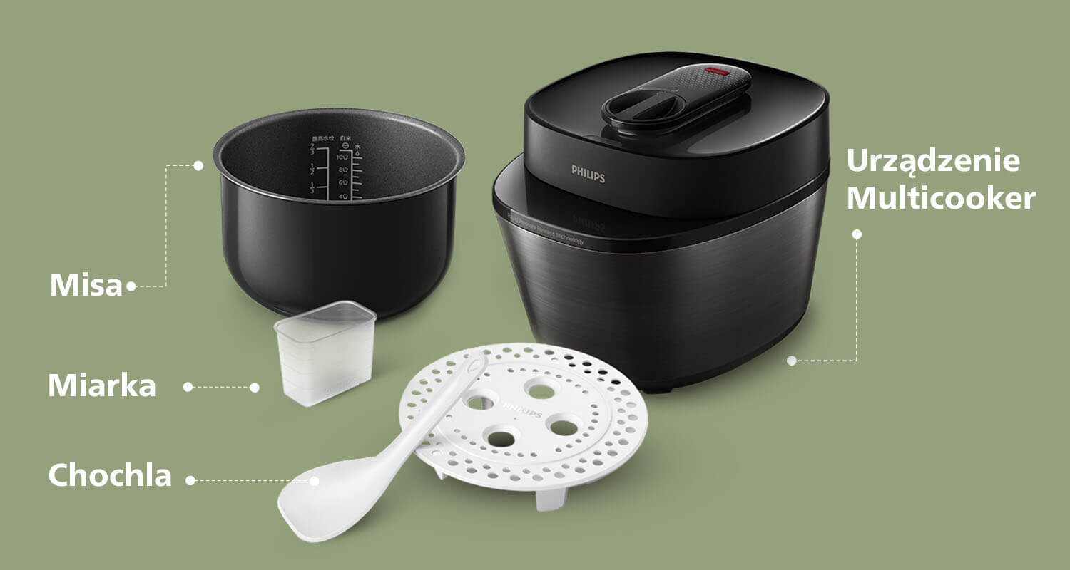 Na zielonym tle widoczny jest multicooker z logo PHILIPS, misa z miarką, chochla oraz okrągła wkładka z otworami. Obok elementów znajdują się podpisy: \'Misa\', \'Miarka\', \'Chochla\', \'Urządzenie Multicooker\'.