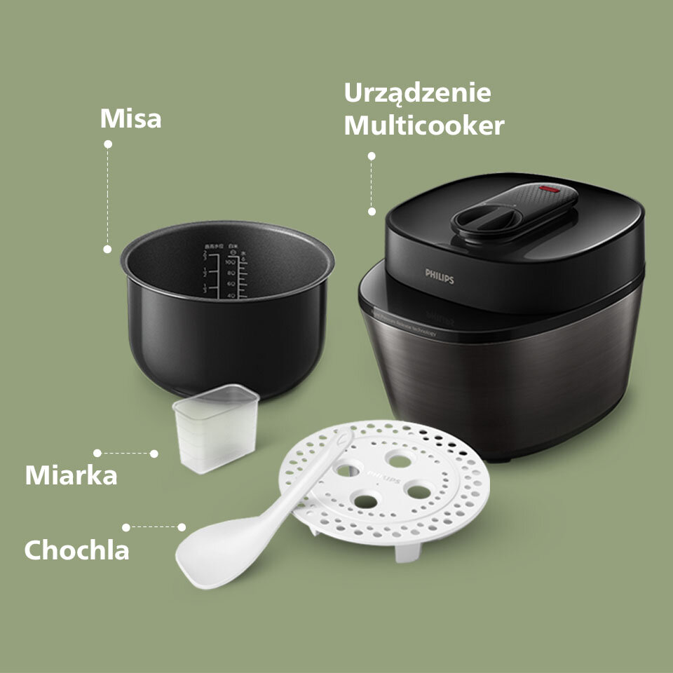 Na zielonym tle widoczny jest multicooker z logo PHILIPS, czarna misa z miarką, biała chochla oraz miarka i okrągła taca z otworami. Obok każdego elementu znajduje się opis: \'Misa\', \'Urządzenie Multicooker\', \'Miarka\', \'Chochla\'.