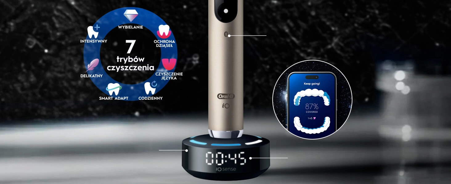 Obraz przedstawia złotą szczoteczkę magnetyczną Oral-B iO 10 stojącą na podstawce z wyświetlaczem pokazującym \'00:45\'. Obok widoczny jest ekran telefonu z aplikacją pokazującą 87% pokrycia oraz grafika z napisem \'7 trybów czyszczenia\' i ikonami trybów.