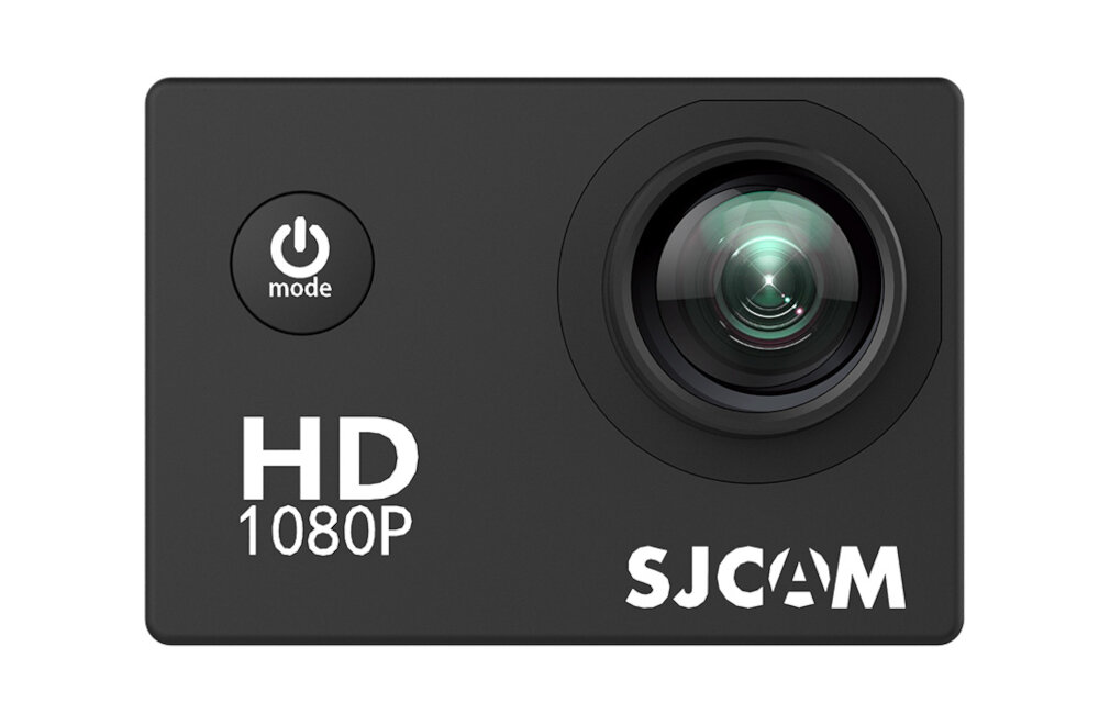 Czarna kamera sportowa z dużym obiektywem po prawej stronie. Na obudowie widoczne są napisy: \'HD 1080P\' oraz \'SJCAM\'.