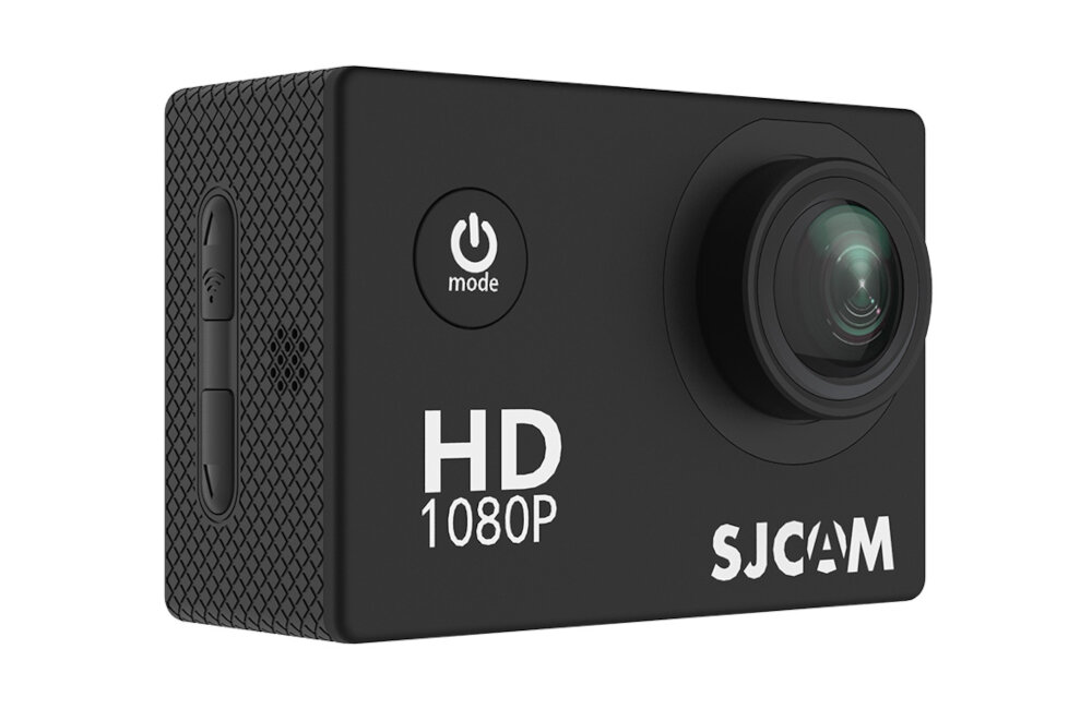 Czarna kamera sportowa z widocznym obiektywem i przyciskiem zasilania z napisem \'mode\'. Na obudowie znajduje się tekst \'HD 1080P\' oraz logo \'SJCAM\'.