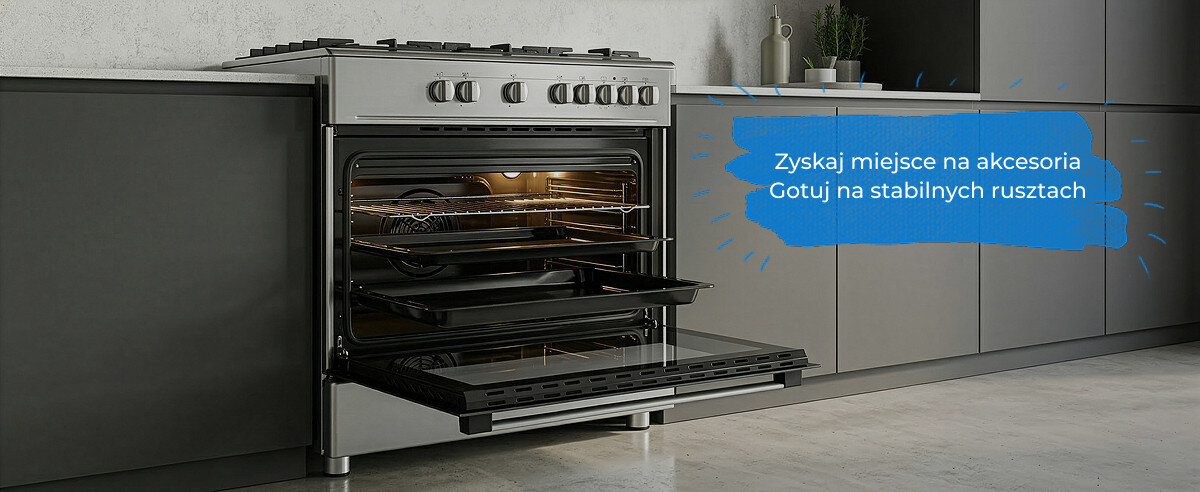 Kuchnia wolnostojąca z otwartym piekarnikiem, w którym znajdują się trzy półki. Obok widoczny jest napis: \'Zyskaj miejsce na akcesoria Gotuj na stabilnych rusztach\'.