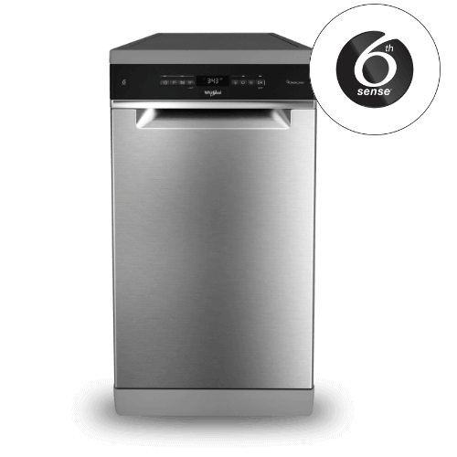 Zmywarka w kolorze inox z panelem sterowania na górze, na którym widoczny jest wyświetlacz i przyciski. Obok zmywarki znajduje się okrągłe logo z napisem \'6th sense\'.