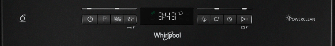 Panel sterowania zmywarki z wyświetlaczem pokazującym czas 3:43 oraz przyciskami funkcyjnymi. Widoczne logo Whirlpool i napis PowerClean.