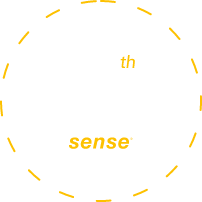 Logo z napisem \'6th sense\' w kolorze żółtym na białym tle, otoczone przerywaną żółtą linią.