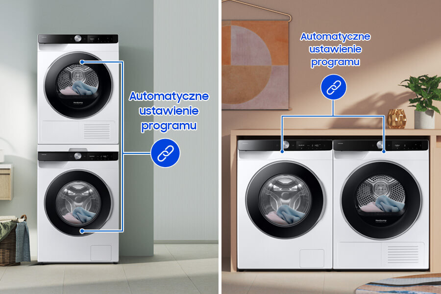Obraz przedstawia dwie konfiguracje pralek i suszarek Samsung z funkcją \'Automatyczne ustawienie programu\'. Po lewej stronie urządzenia są ustawione pionowo, a po prawej poziomo, z widocznymi ubraniami wewnątrz bębnów.