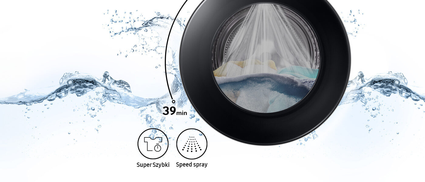 Obraz przedstawia bęben pralki z widocznymi ubraniami i strumieniem wody. Na dole znajdują się ikony z napisami \'Super Szybki\' i \'Speed spray\', a obok bębna widnieje liczba \'39 min\'.