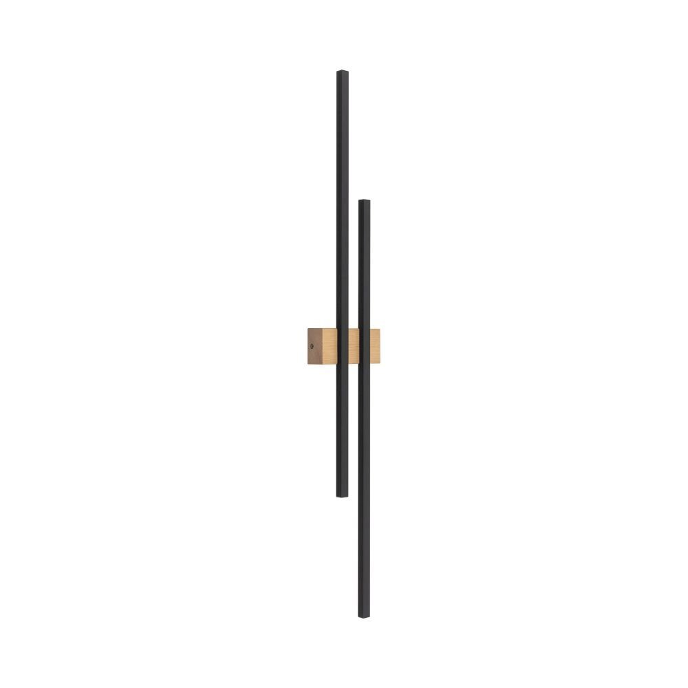 Na obrazie widoczny jest nowoczesny kinkiet ścienny z dwoma czarnymi, pionowymi prętami zamocowanymi na drewnianej podstawie. Kinkiet ma minimalistyczny design i jest przeznaczony do montażu na ścianie.