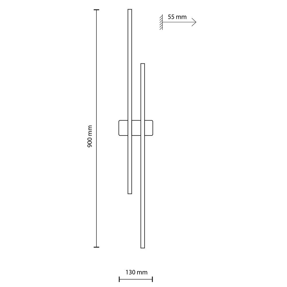 Schematyczny rysunek kinkietu LED z wymiarami: wysokość 900 mm, szerokość 130 mm, głębokość 55 mm.