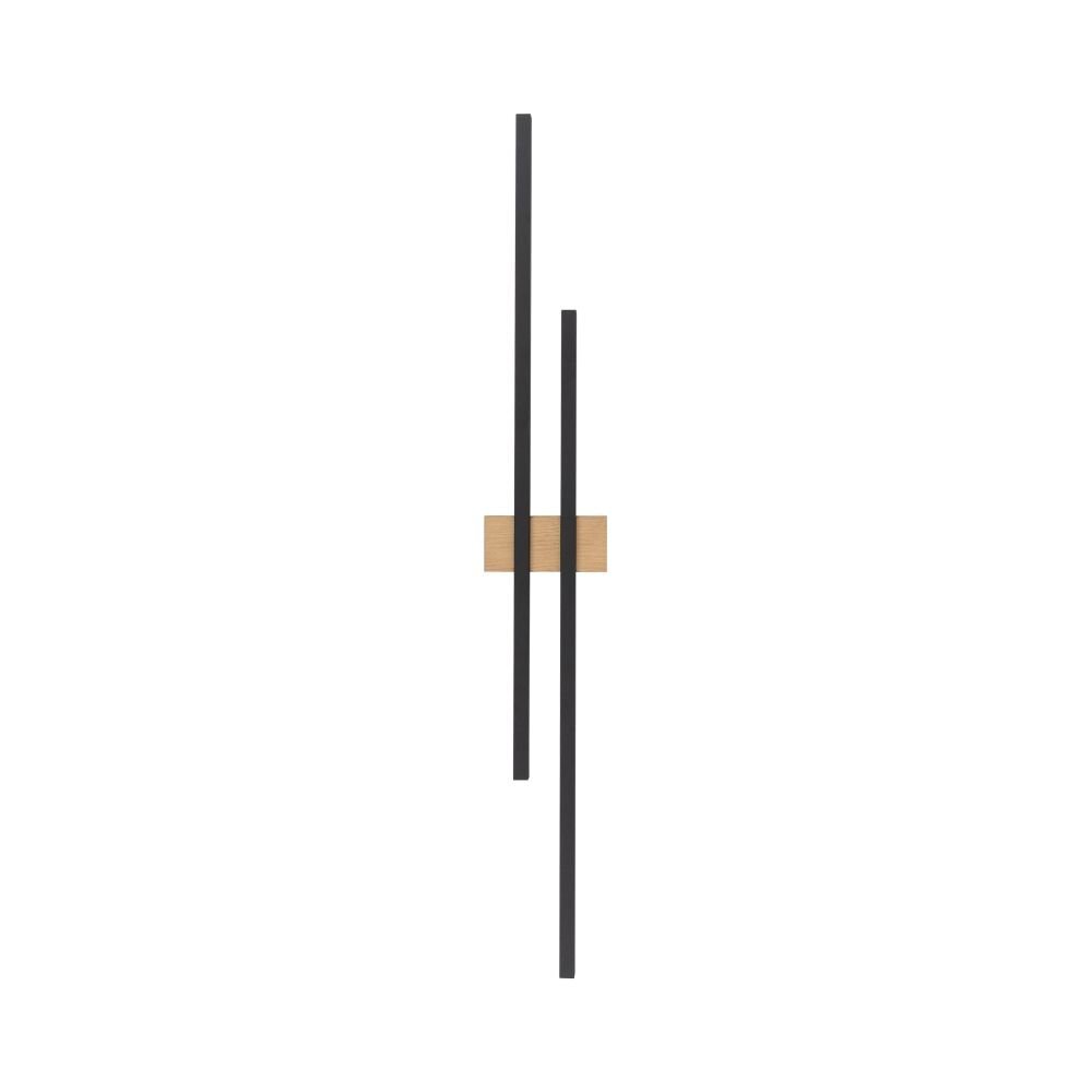 Nowoczesny kinkiet LED z dwoma czarnymi, pionowymi prętami zamocowanymi na drewnianej podstawie. Lampa ma minimalistyczny design i jest przeznaczona do montażu na ścianie.