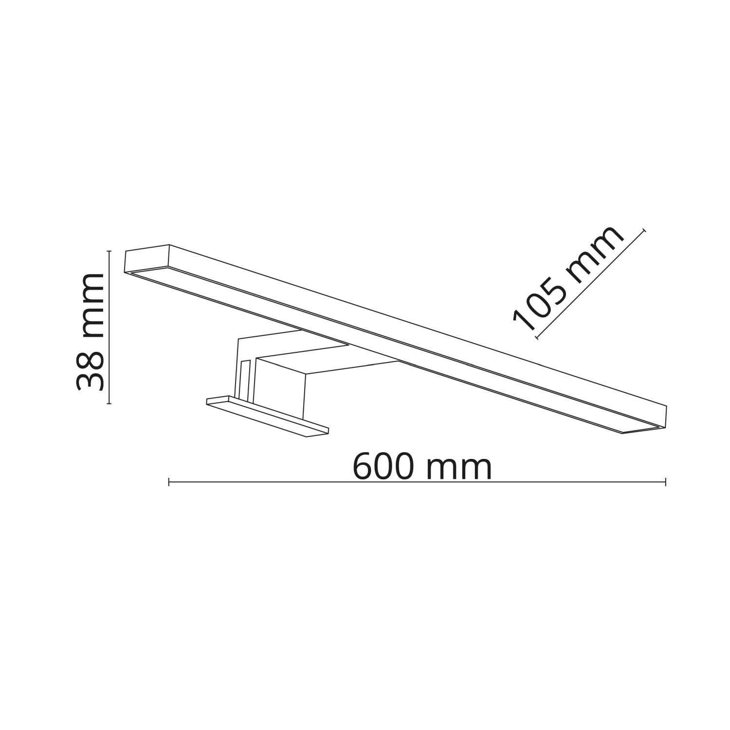 Schematyczny rysunek lampy ściennej z wymiarami: 600 mm długości, 105 mm wysokości i 38 mm szerokości.
