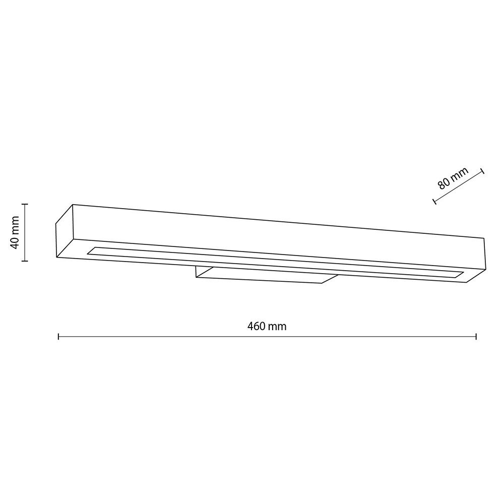 Schematyczny rysunek prostokątnej lampy ściennej z wymiarami: 460 mm długości, 80 mm głębokości i 40 mm wysokości.