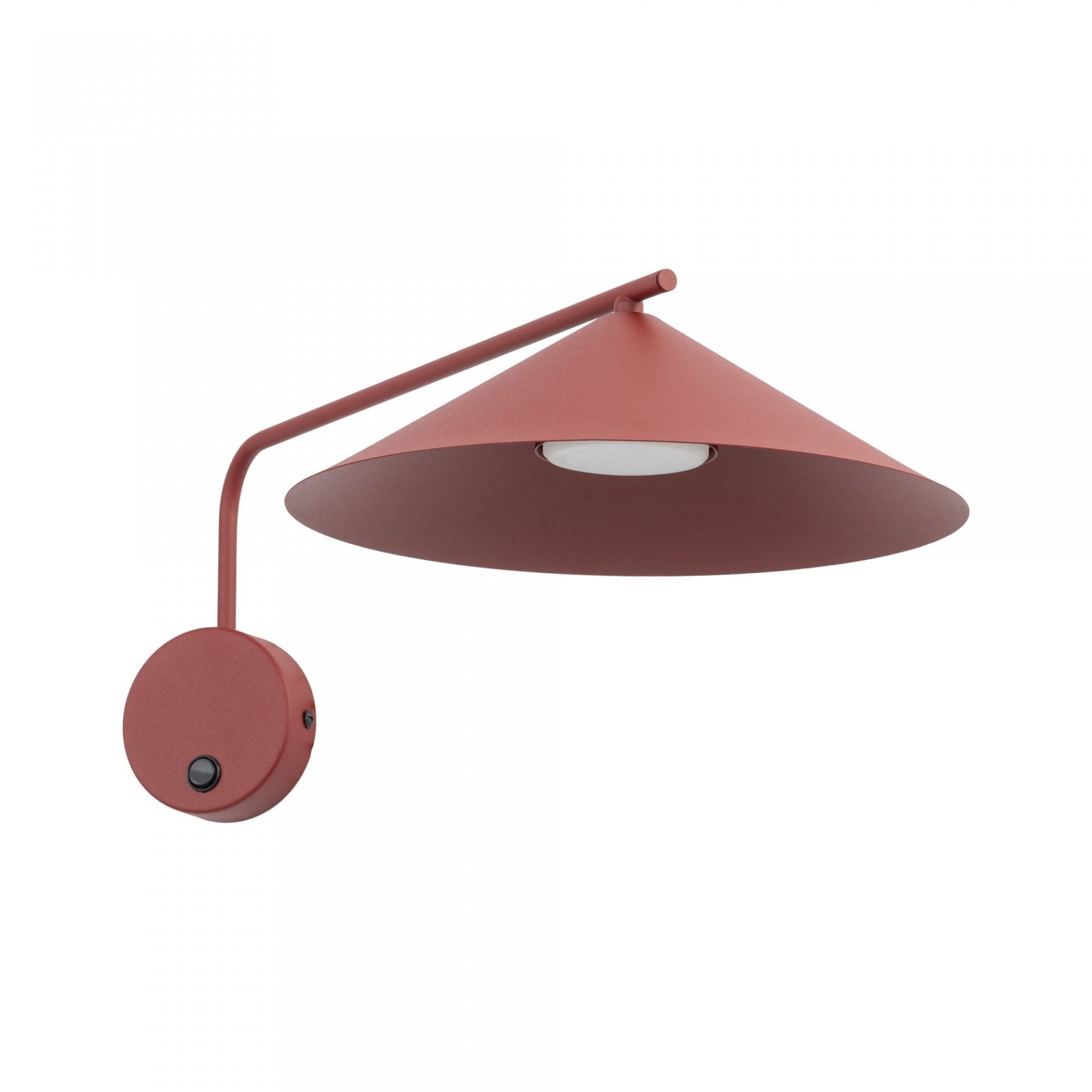 Czerwony kinkiet na wysięgniku z okrągłym włącznikiem i stożkowym kloszem. Lampa posiada nowoczesny design i jest przeznaczona do czytania.