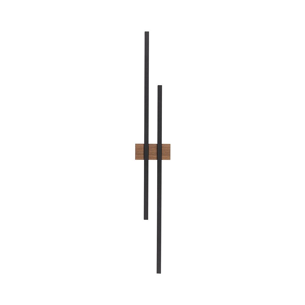 Na obrazie widoczny jest nowoczesny kinkiet LED z dwoma czarnymi, pionowymi prętami i elementem w kolorze orzecha pośrodku. Kinkiet ma minimalistyczny design.