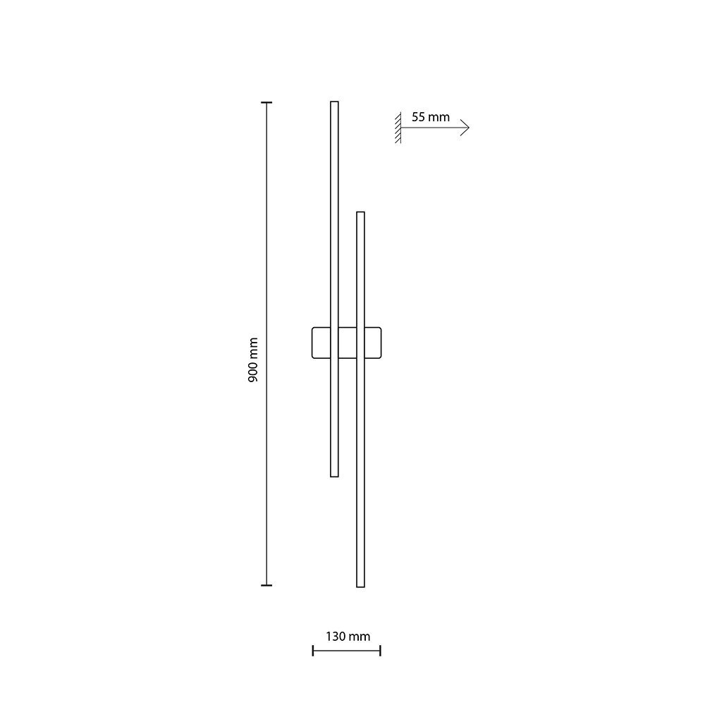 Schematyczny rysunek lampy ściennej LED z wymiarami: wysokość 900 mm, głębokość 55 mm, szerokość 130 mm.