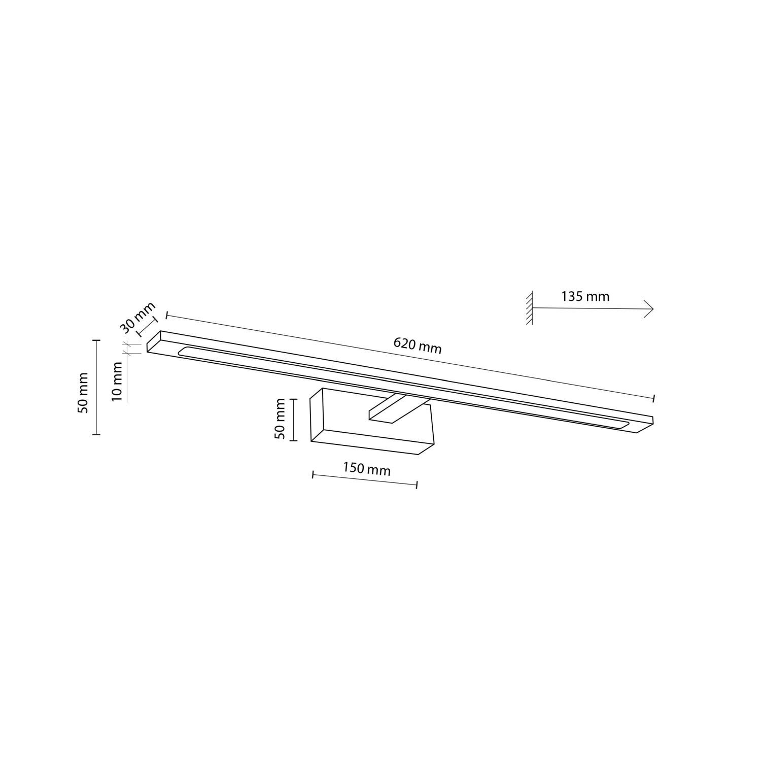 Schematyczny rysunek kinkietu łazienkowego z wymiarami: długość 620 mm, szerokość 50 mm, głębokość 135 mm. Widoczne są dodatkowe wymiary: 150 mm, 30 mm, 10 mm.