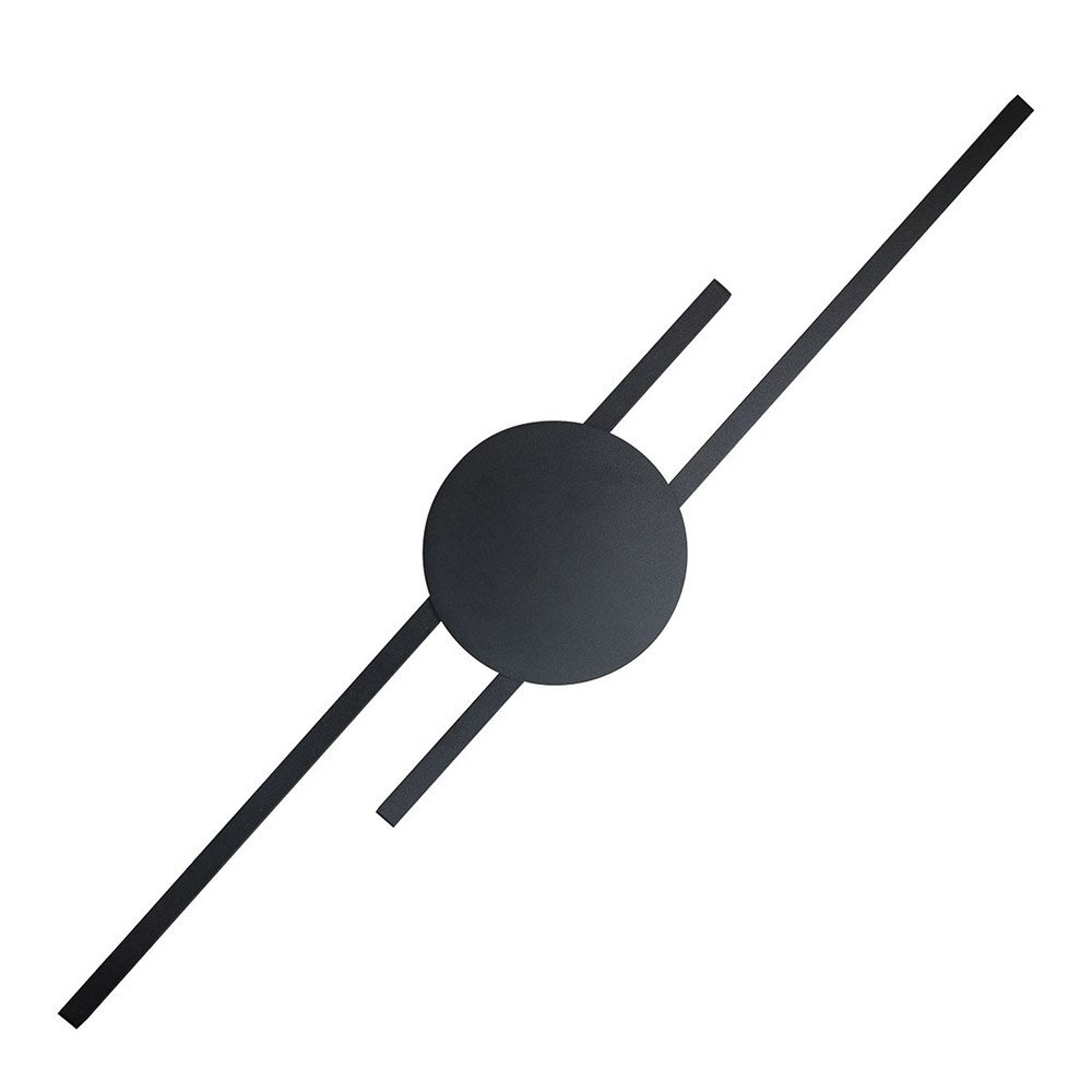 Czarny metalowy kinkiet LED o nowoczesnym designie, składający się z okrągłego elementu i dwóch przecinających się linii. Kinkiet ma minimalistyczny wygląd i geometryczną formę.