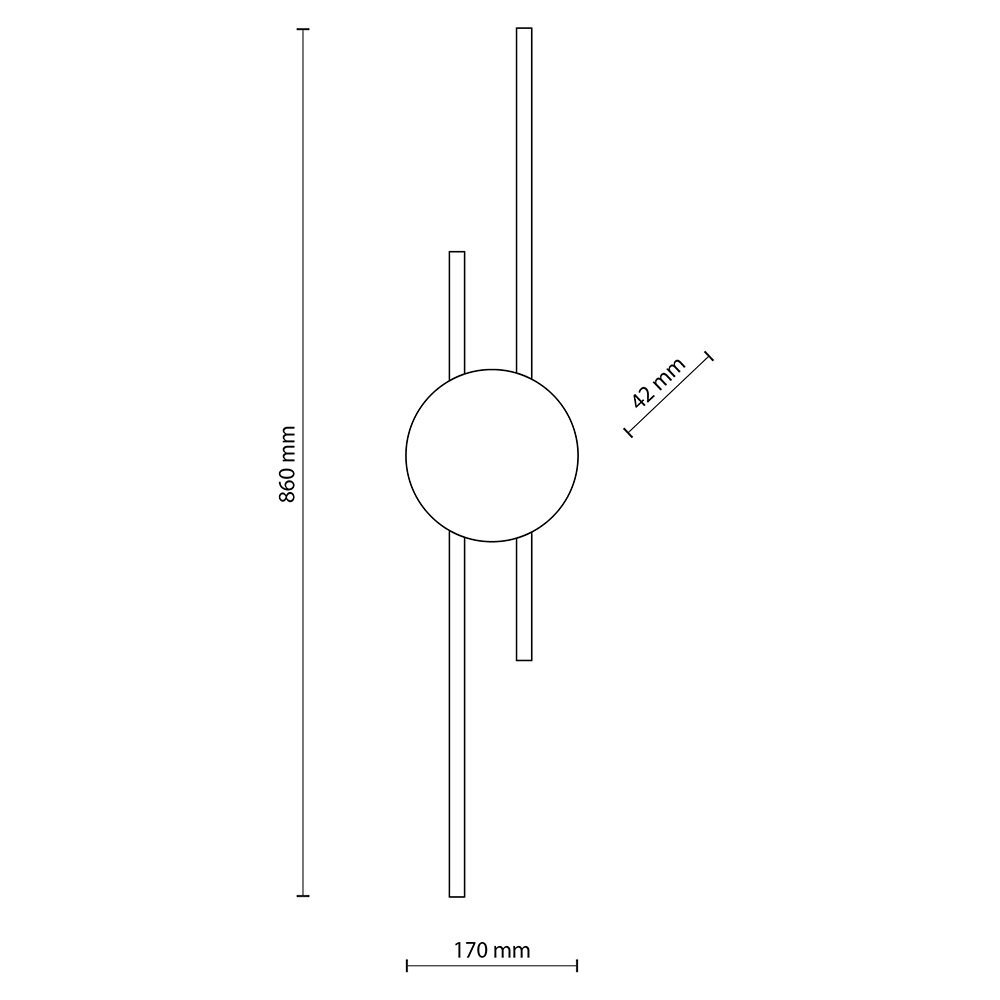 Schematyczny rysunek kinkietu LED z wymiarami: wysokość 860 mm, szerokość 170 mm, głębokość 42 mm. Centralny okrąg z dwoma pionowymi liniami po bokach.