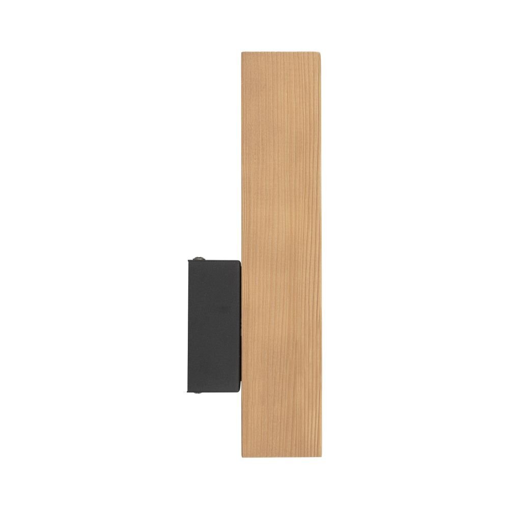 Obraz przedstawia kinkiet z czarną podstawą i pionowym elementem z drewna sosnowego. Kinkiet ma prosty, nowoczesny design.