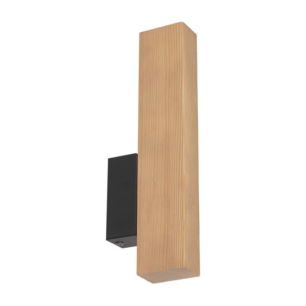 Kinkiet LED z czarną podstawą i drewnianym elementem w kolorze sosny. Produkt ma prostokątny kształt i minimalistyczny design.